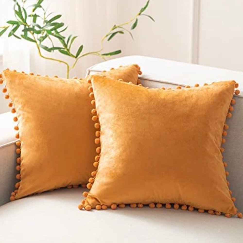(Only Covers) Set of 2 Poms Poms Velvet Decorative Pillow Covers, Orange